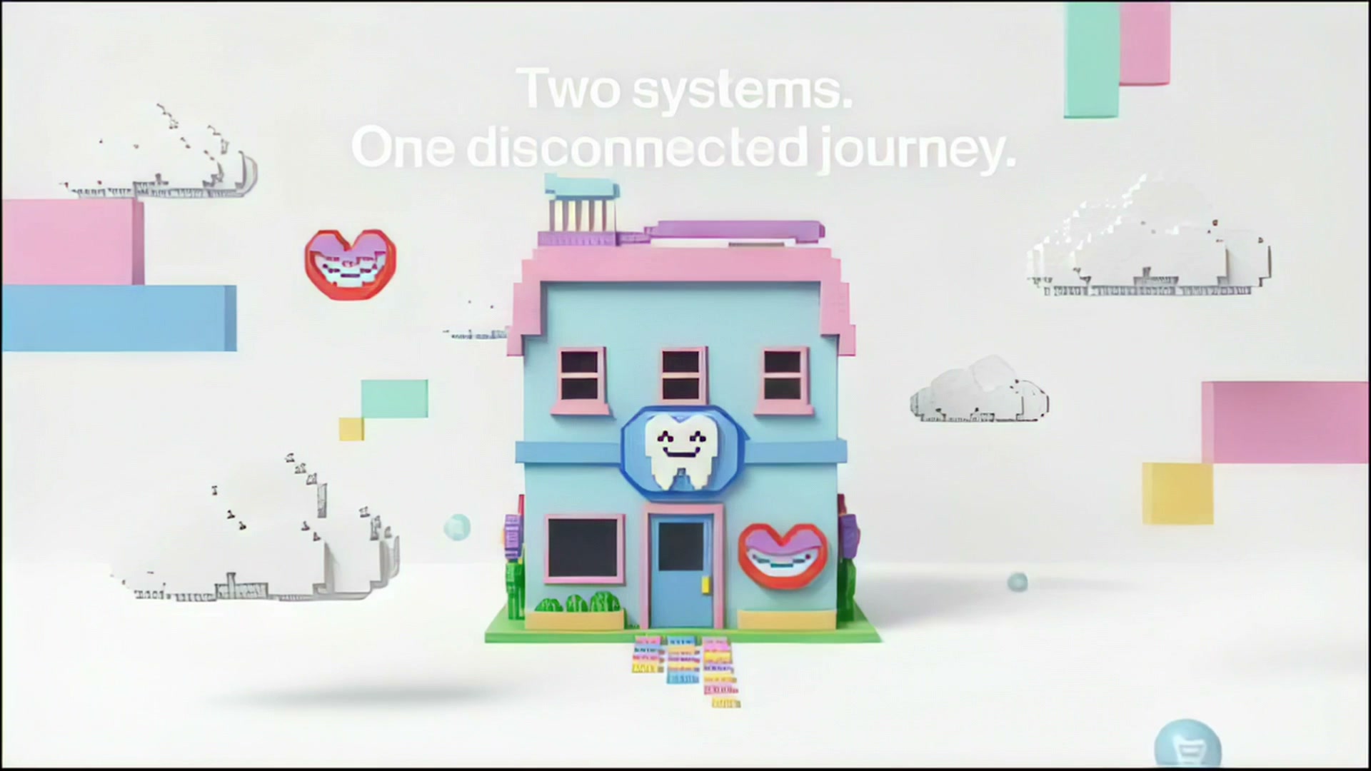 An illustrated dental practice between the blue WEO world and green Marketly Digital world